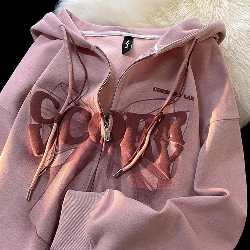 Pink zip-up hooded cardigan with foamed print front and drawstring cords