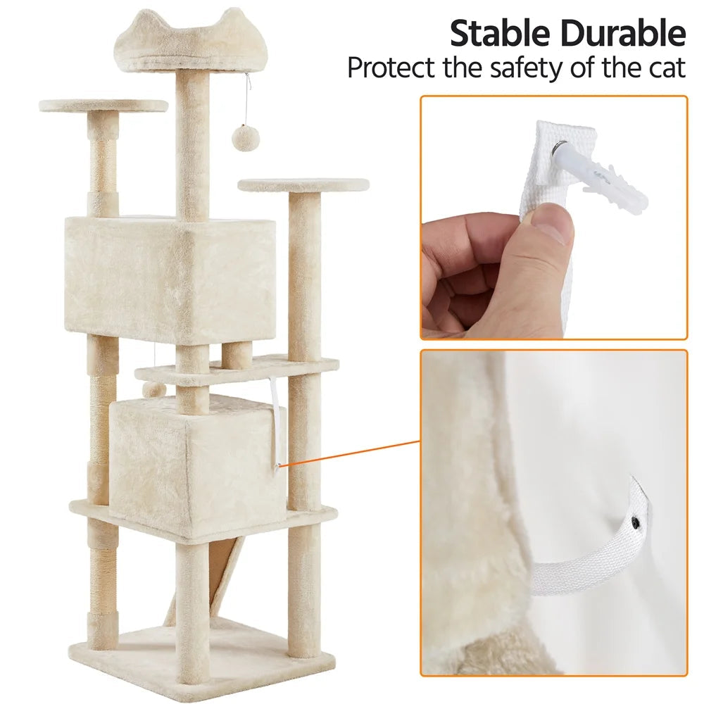 Beige cat tree with wall safety strap and anchor hardware