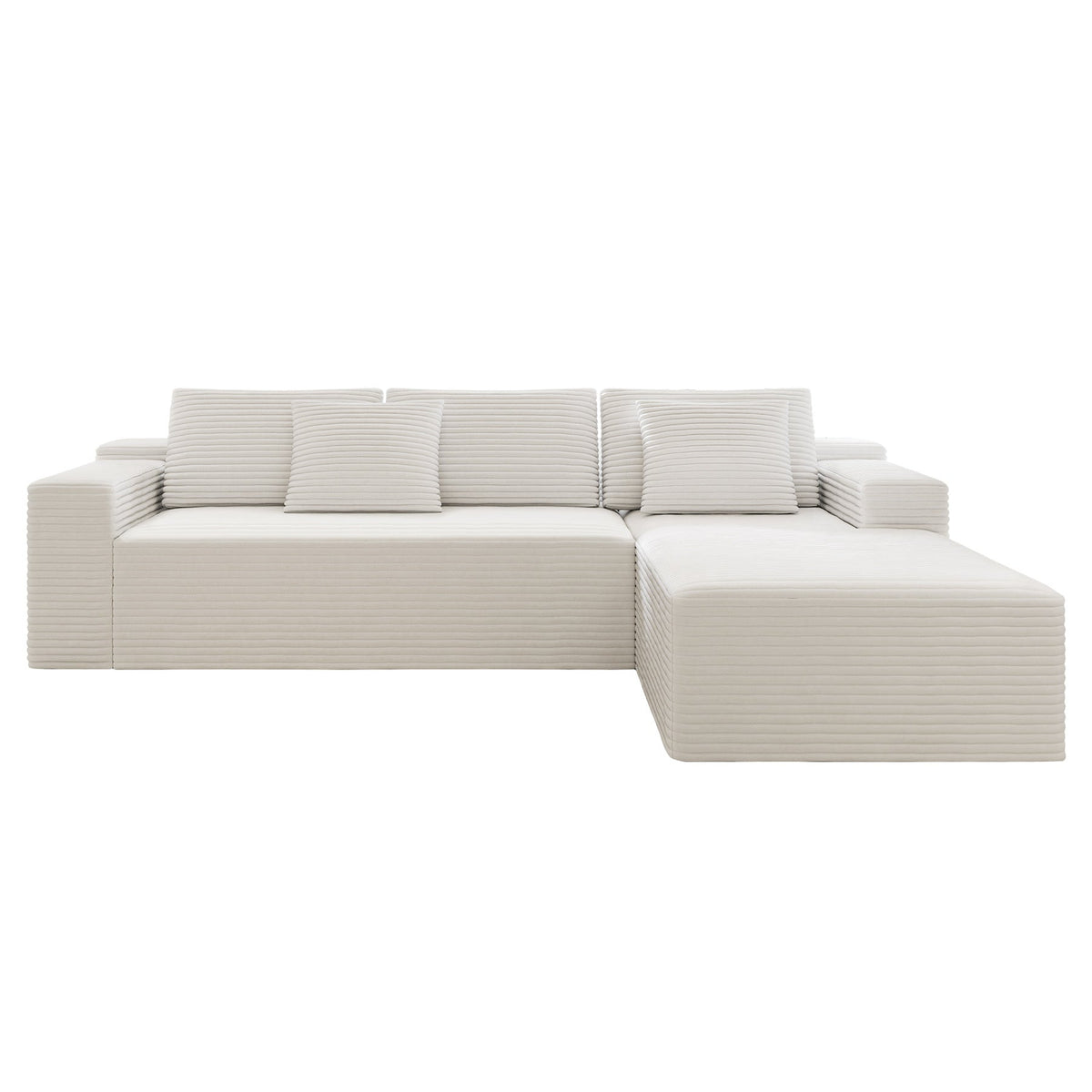White modular sectional sofa seat with chaise extension and stacked back cushions