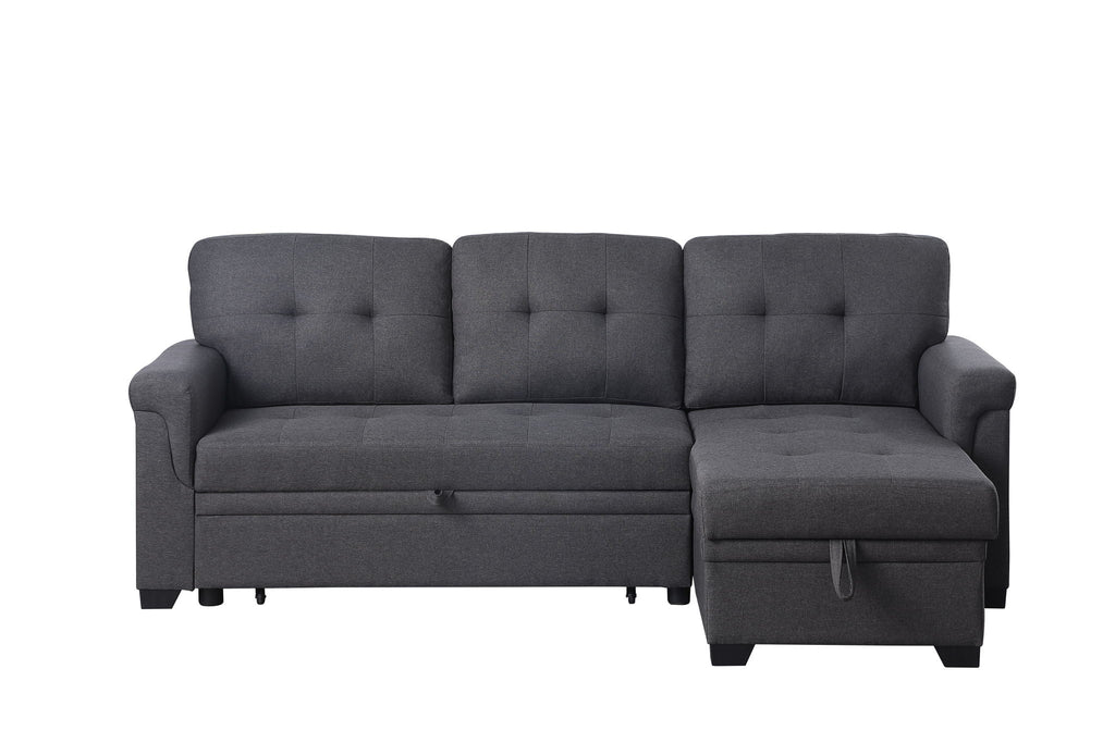 Dark gray sleeper sectional sofa with chaise storage ottoman and tufted seat cushions