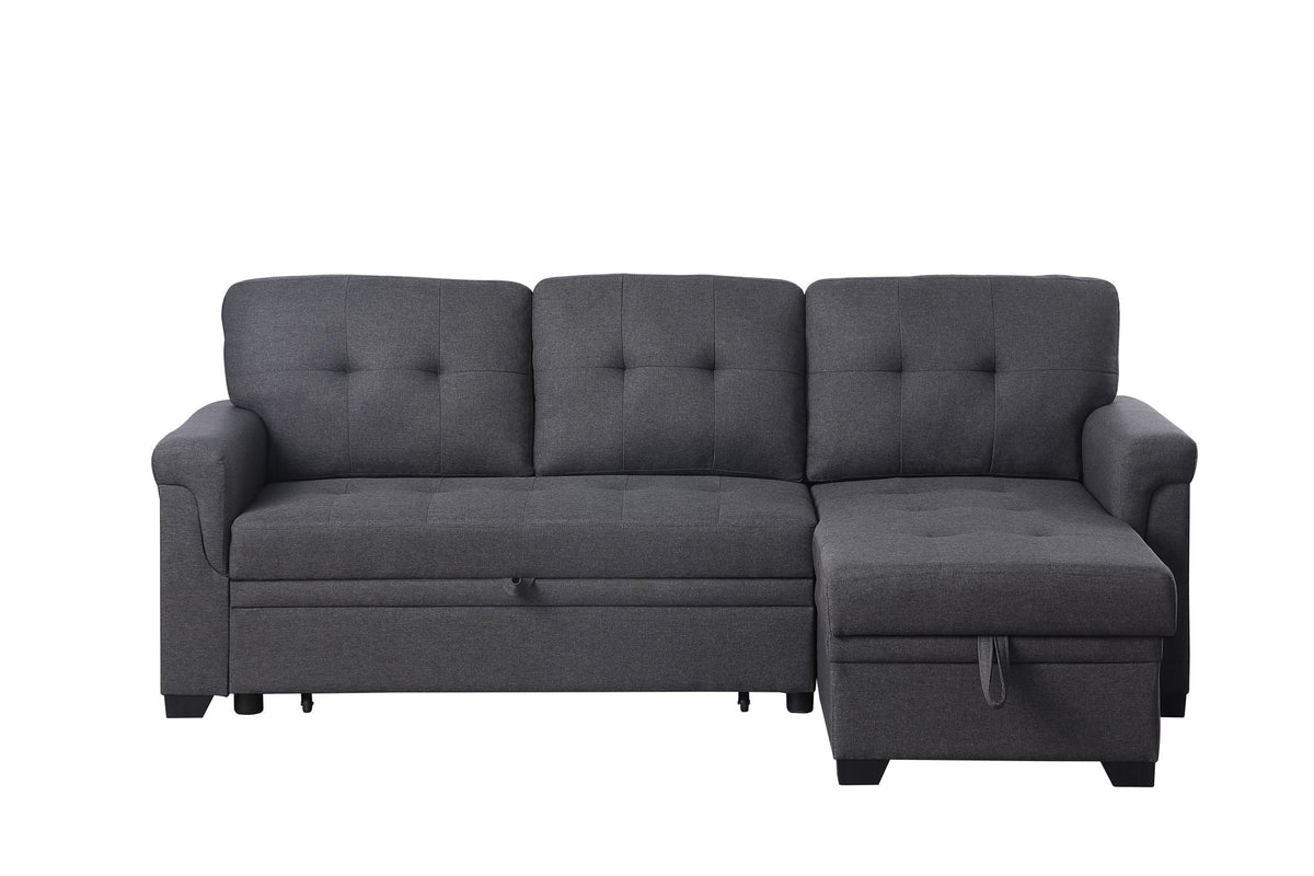 Dark gray sleeper sectional sofa with chaise storage ottoman and tufted seat cushions