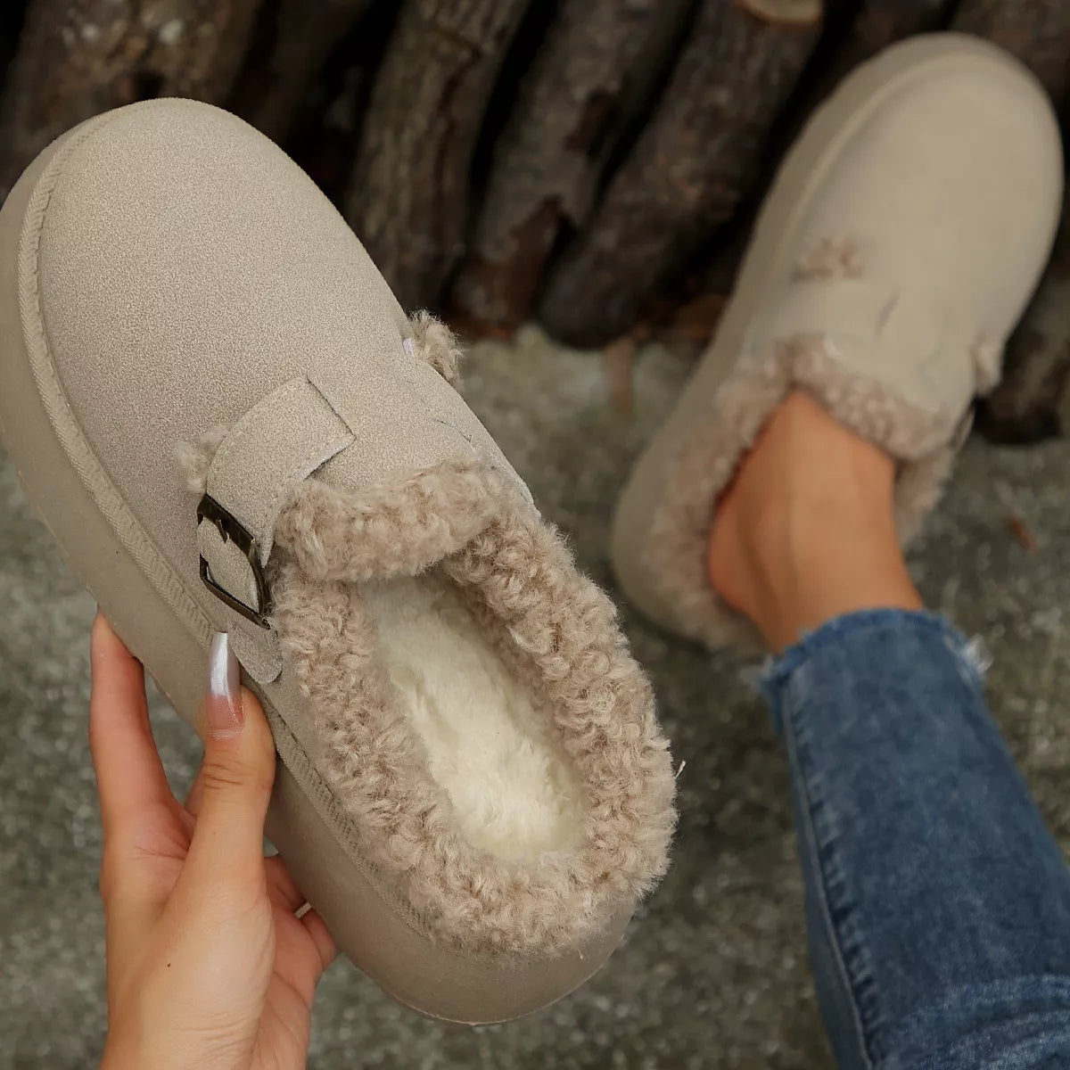 Beige fuzzy-trim slip-on platform slippers with square buckle detail