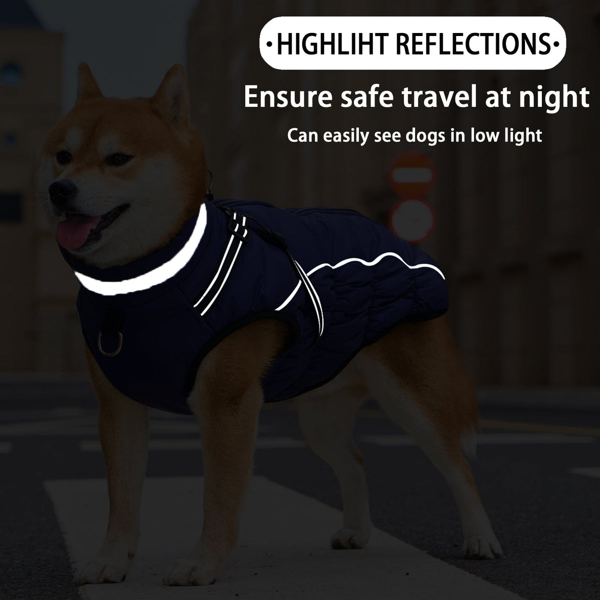 Reflective waterproof dog jacket with harness straps, dark navy