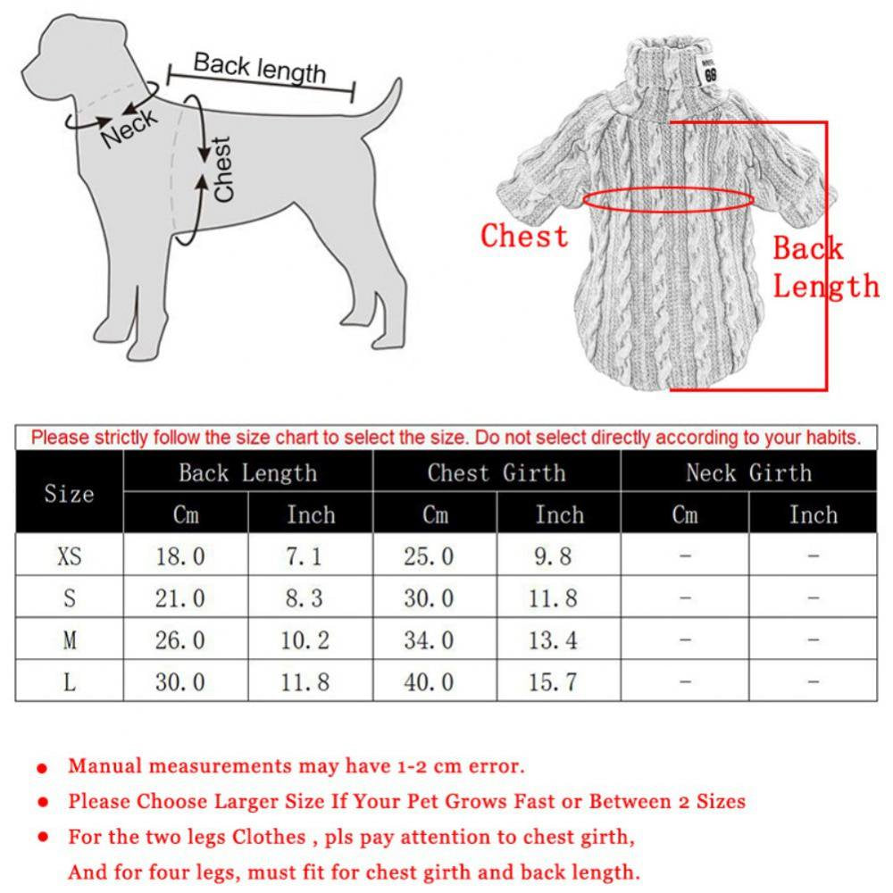 Dog sweater size chart showing neck, chest, and back length measurements