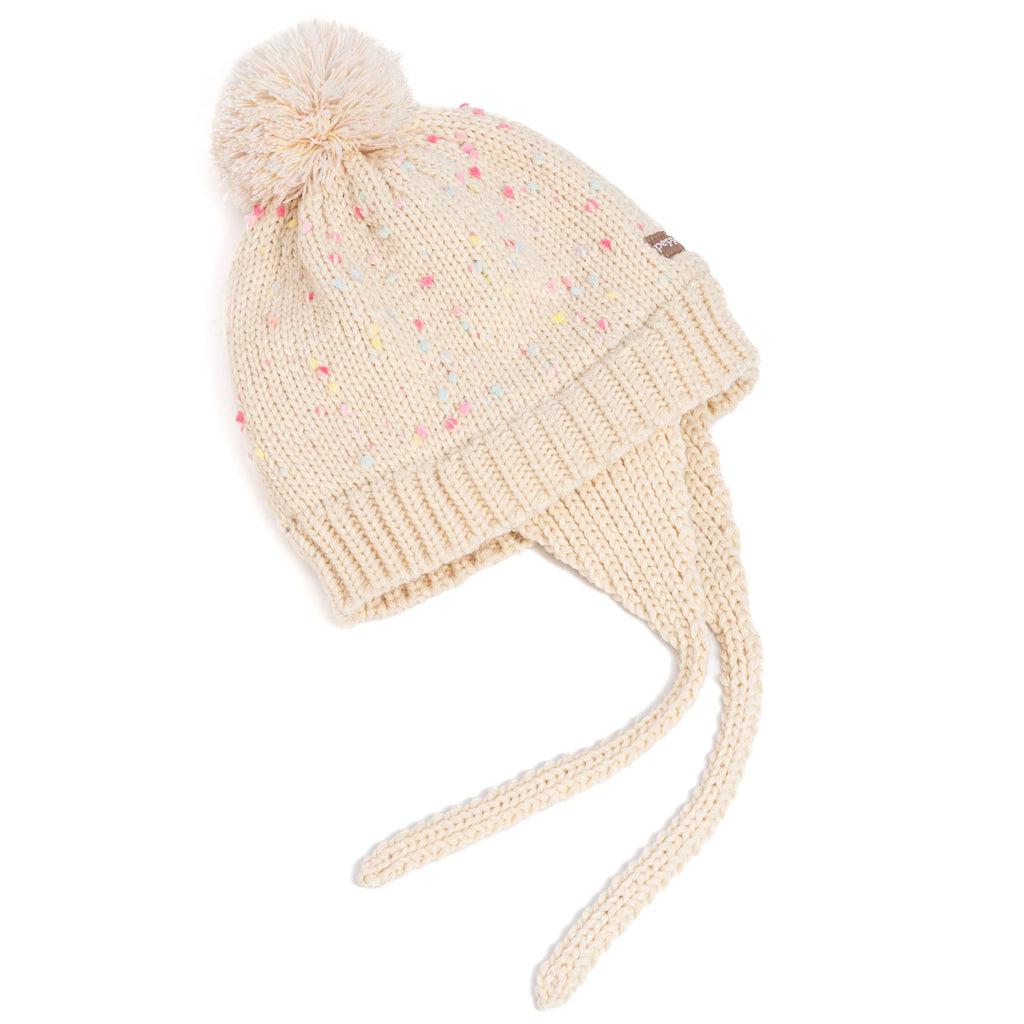 Off-white knit earflap beanie with pom-pom and long tie strings, speckled color dots.