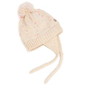Off-white knit earflap beanie with pom-pom and long tie strings, speckled color dots.