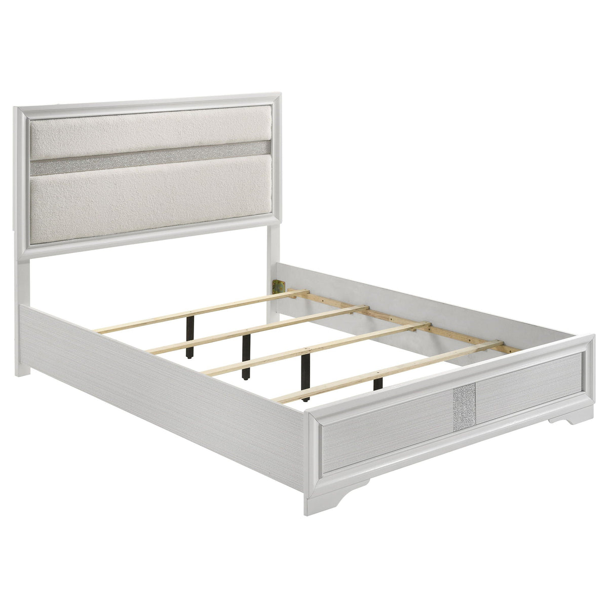 White queen bed frame with headboard, footboard, and slat support rails