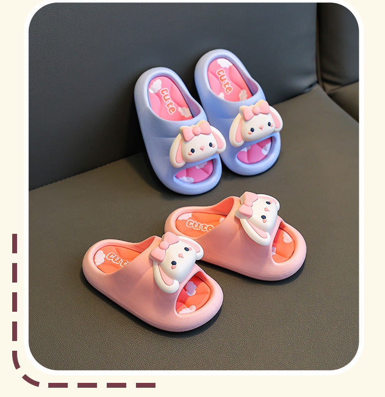 Kids slide slippers set: blue and pink pairs with bunny face and bow on uppers