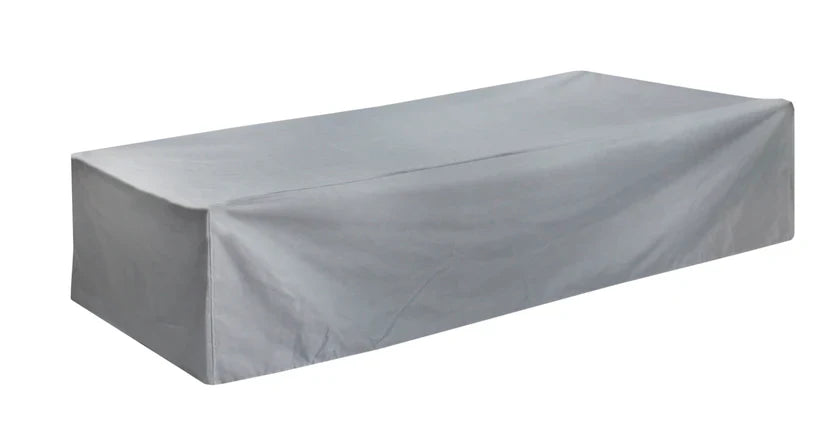 Gray fabric chaise cover fitted over the outdoor lounge frame