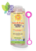 Bubble bath bottle with pink bubble wand; chamomile & herbs label, 38 mL/1.3 fl oz.