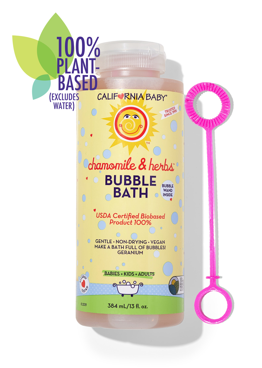 Bubble bath bottle with pink bubble wand; chamomile & herbs label, 38 mL/1.3 fl oz.