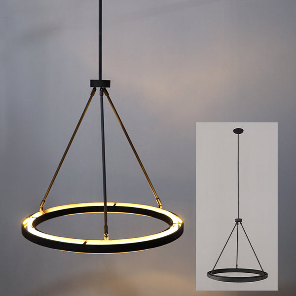 Adjustable round LED chandelier showing glowing circular LED ring and black frame