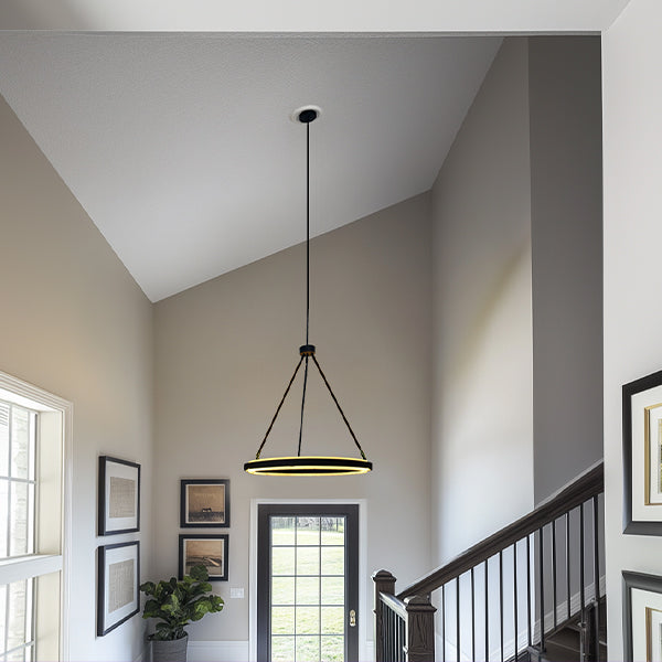 Adjustable round LED chandelier with long suspension cord and glowing ring shade