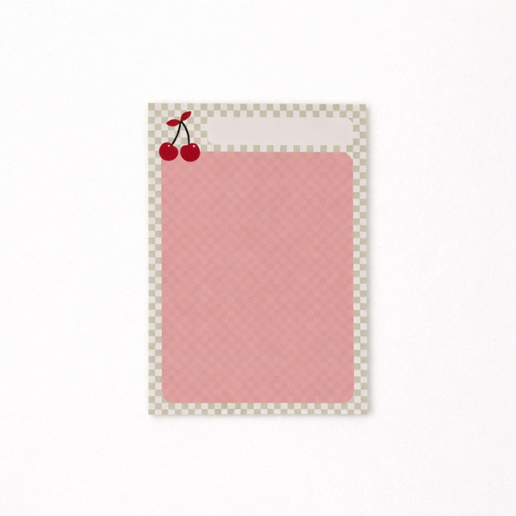 Pink square stationery card with cherry icon on gingham-style border
