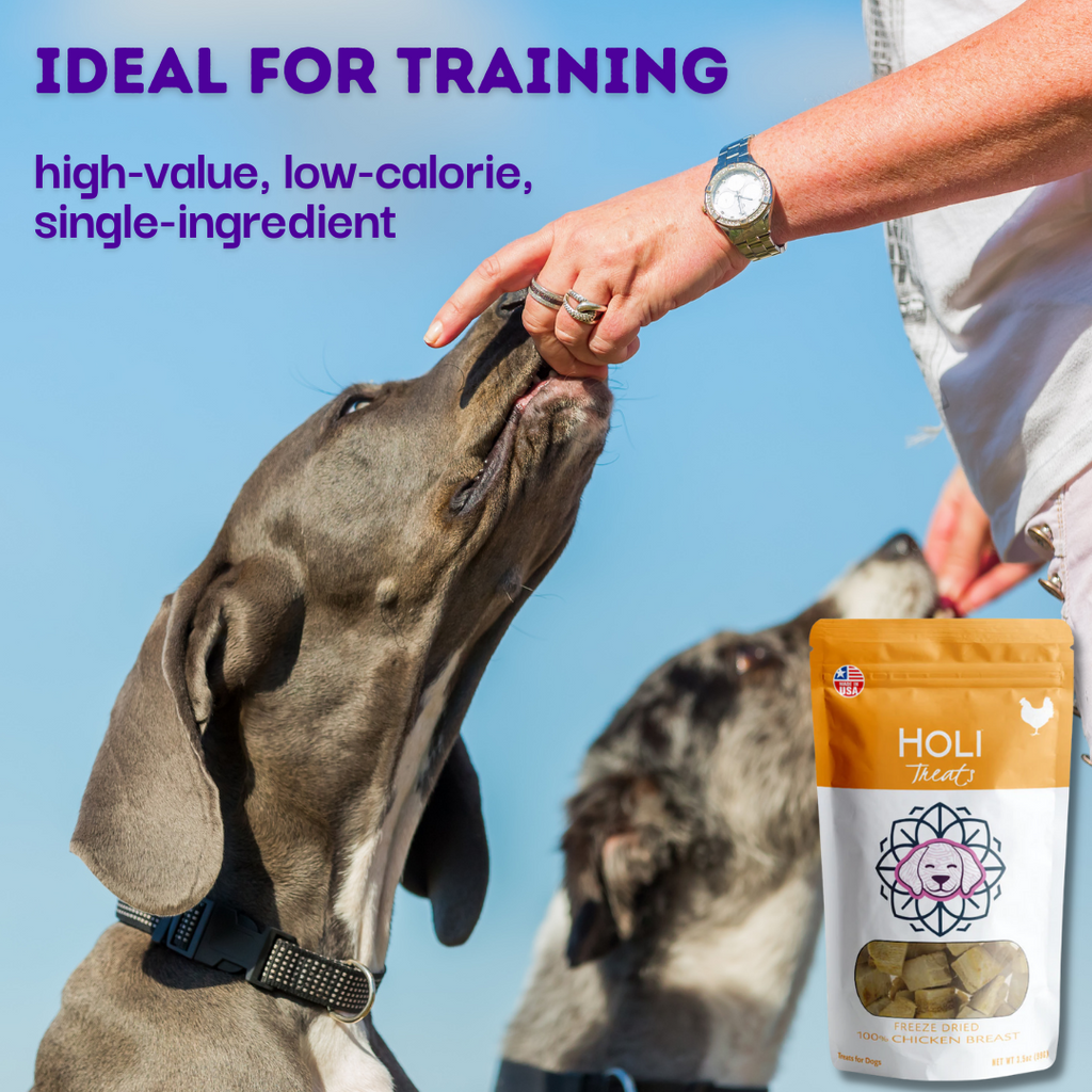 Dog reaching treats beside freeze-dried chicken breast pouch