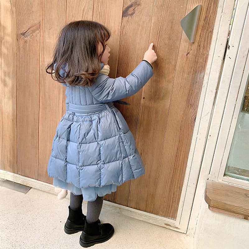 Girls' mid-length winter puffer coat, light blue, belted waist and quilted panels