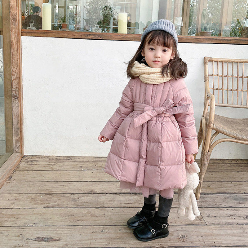 Girls' mid-length winter puffer coat, dusty pink, belted waist with quilted texture
