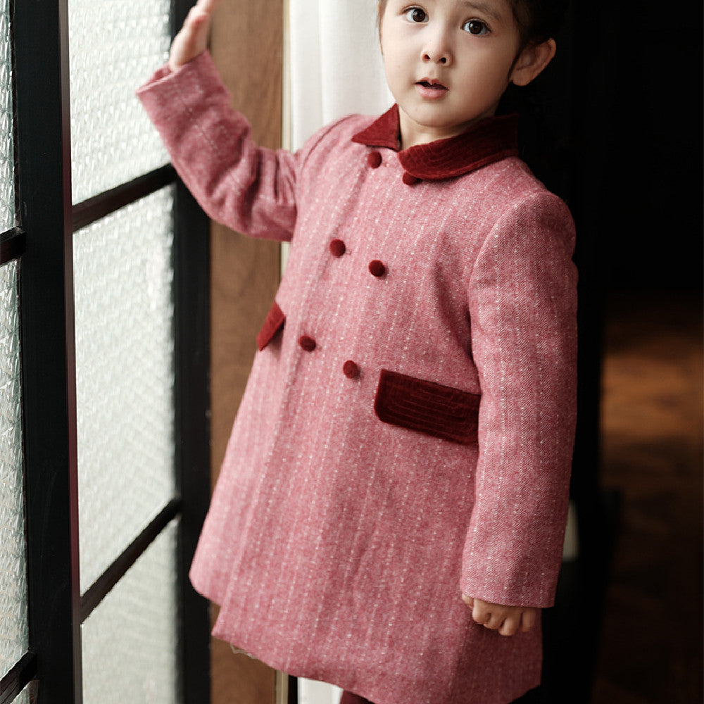Girls' mid-length wool coat, rouge textured fabric, button front, patch pocket detail.