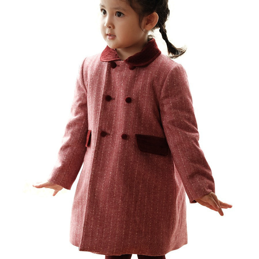 Girls' mid-length wool coat in rouge, button-front, stand collar, side patch pocket.