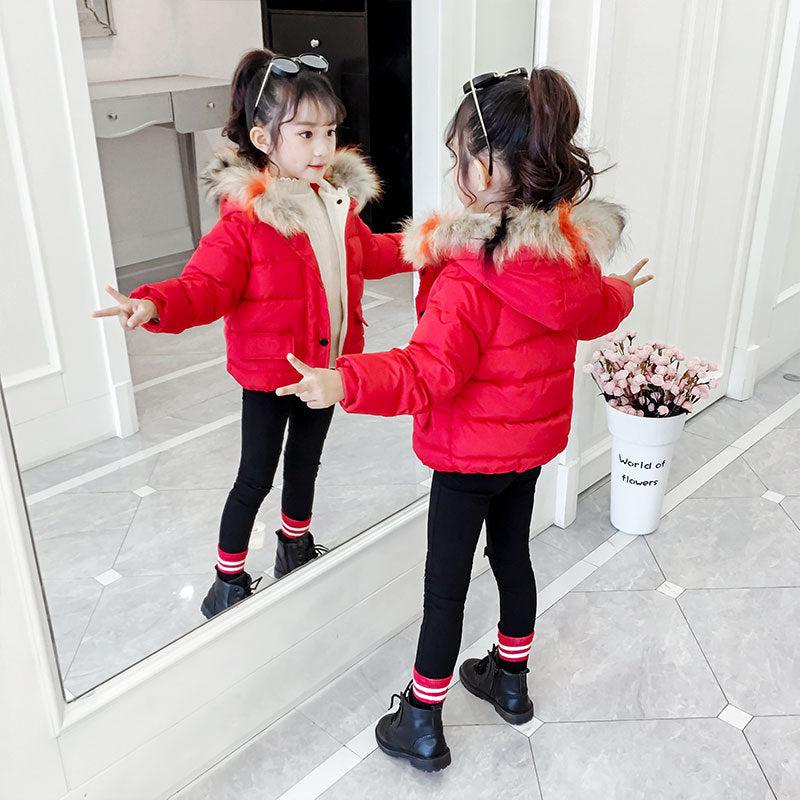 Kids red puffer jacket with faux fur hood and button front