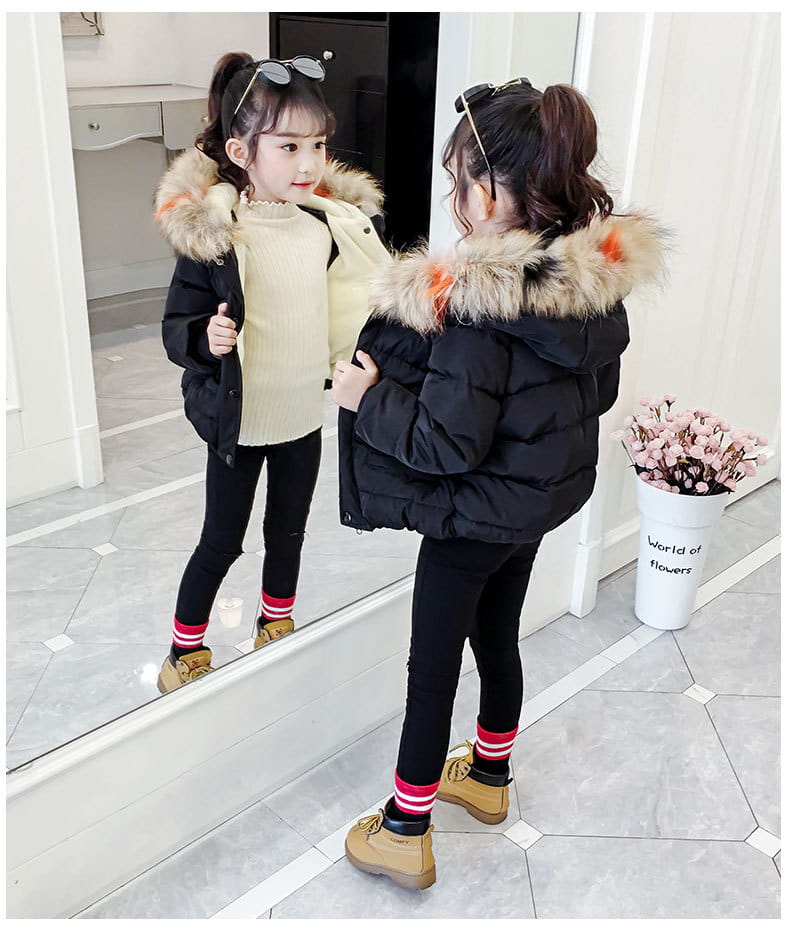 Children's puffer jacket, black with faux fur hood trim and front snap buttons