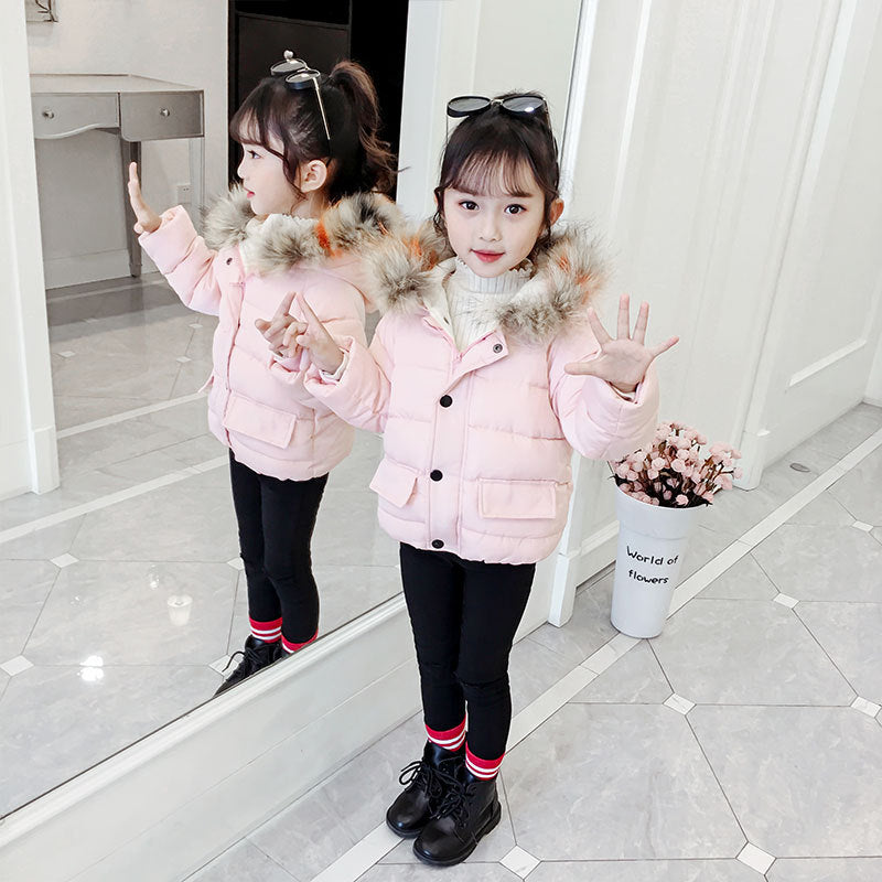 Kids light pink puffer jacket with faux fur hood and button front