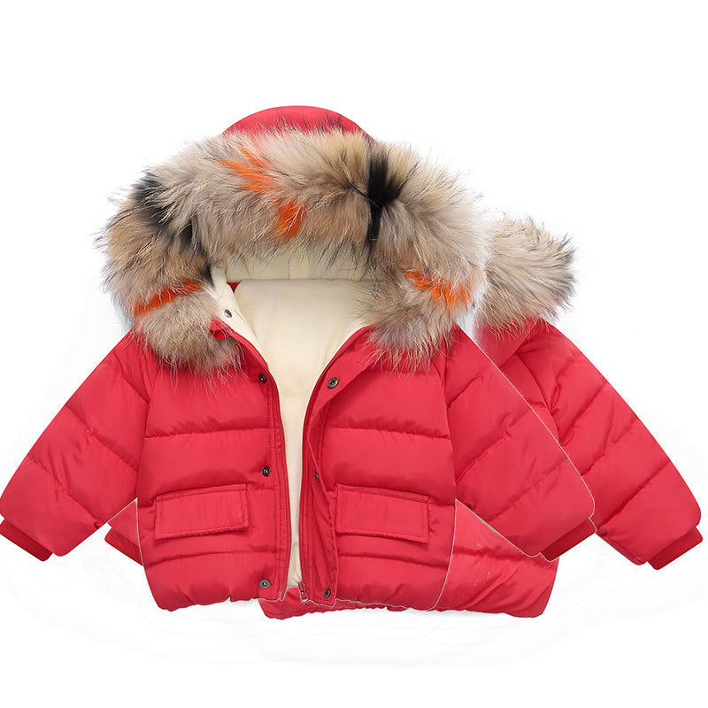 Red kids puffer jacket with faux fur hood, snap buttons, and chest pockets