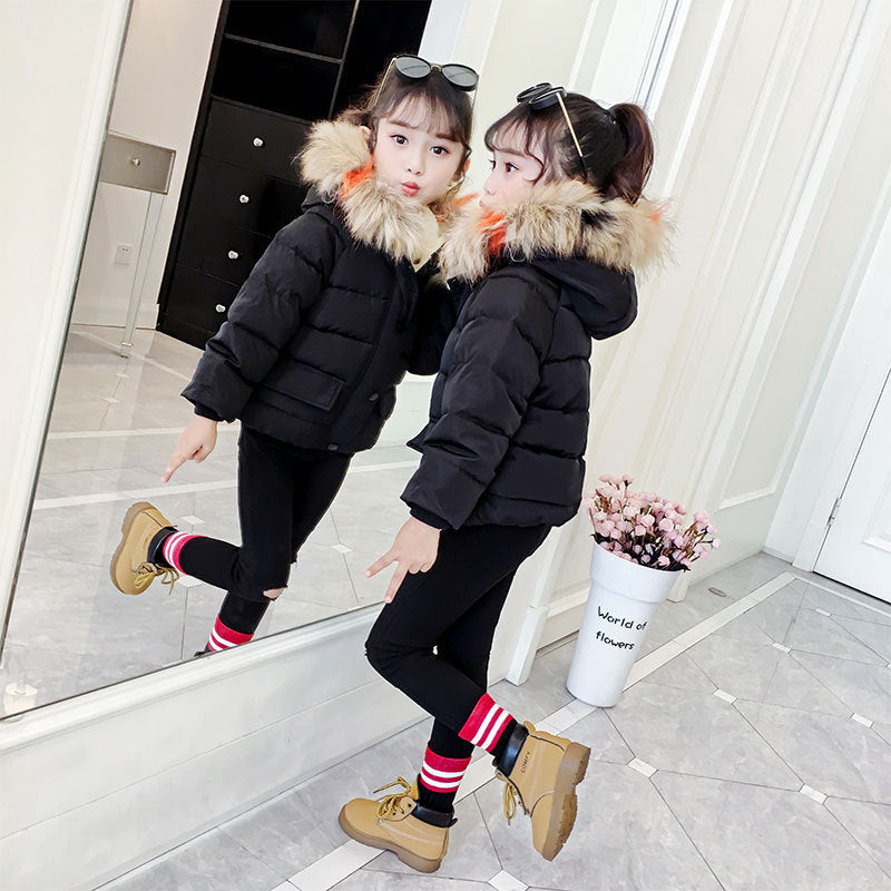 Kids black puffer jacket with faux fur hood and button front