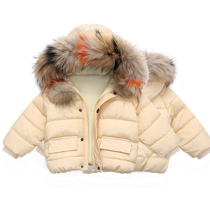 Cream kids puffer jacket with faux fur hood, snap buttons, and chest pockets