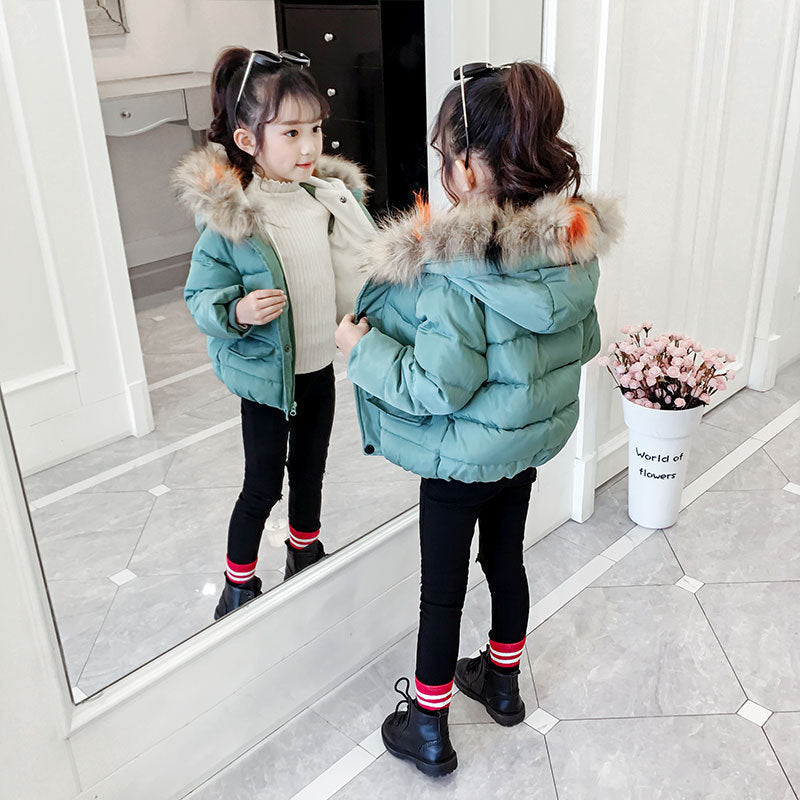 Kids teal puffer jacket with faux fur hood and front button placket