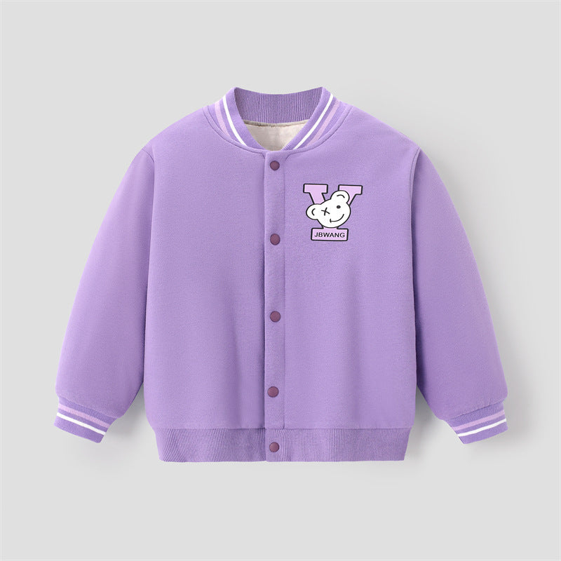 Kids cotton purple jacket with button front, striped collar/cuffs, and cartoon face graphic