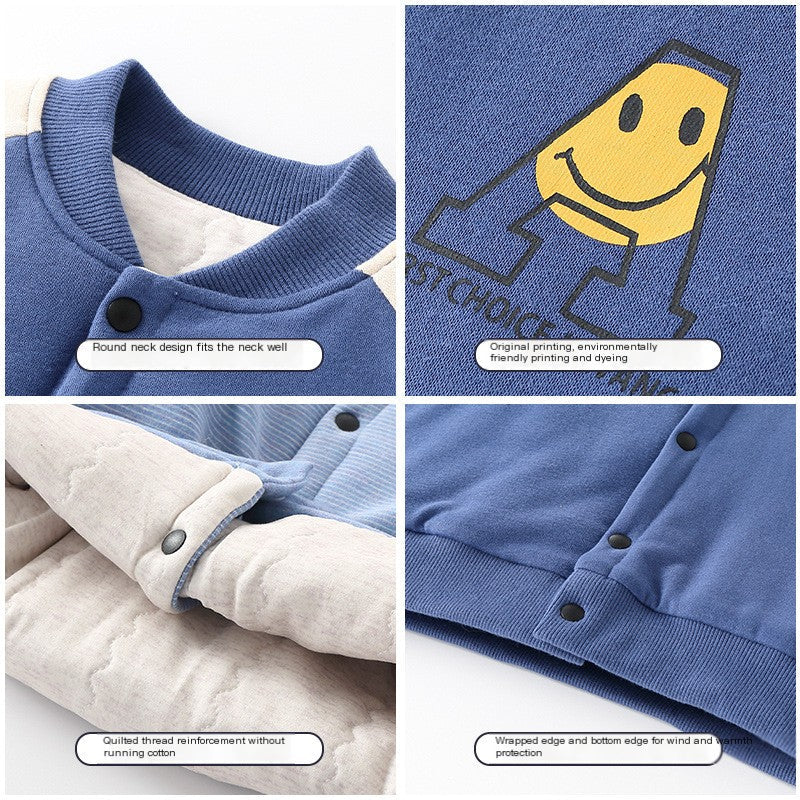 Blue cotton jacket details: ribbed neckline, button placket, and stitched edges.