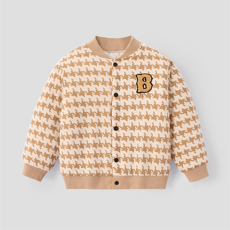 Kids houndstooth knit cotton jacket with front snap buttons and “B” patch on chest