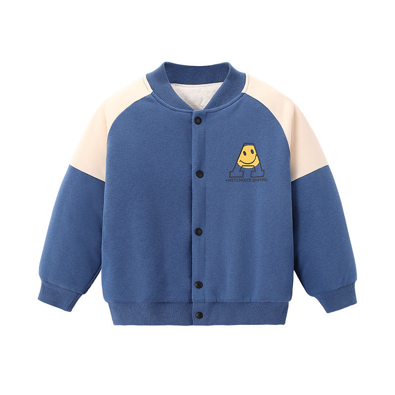 Children's cotton jacket, blue with cream raglan sleeves and button-front character patch.
