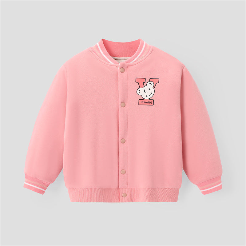 Children's warm cotton jacket in pink, button front with bear logo, ribbed collar and striped cuffs