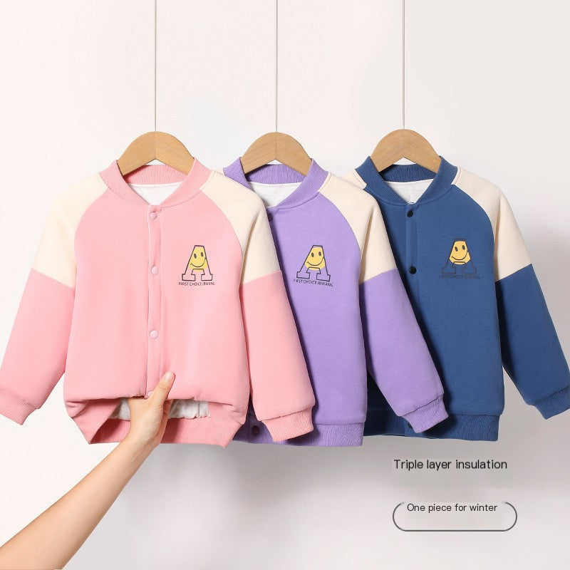 Children's cotton jacket set on hangers: pink, lavender, and blue button-front.