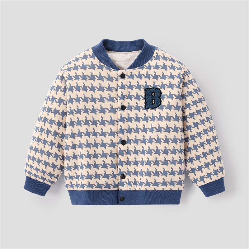 Kids houndstooth knit cotton jacket with navy collar, front snap buttons, and “B” patch