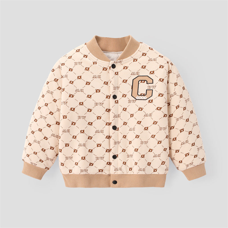 Kids' cream cotton snap-front jacket with allover print and graphic truck patch