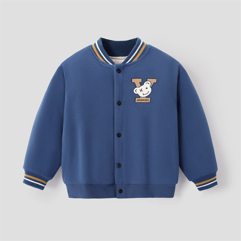 Kids blue cotton jacket with button front and dog graphic patch on chest