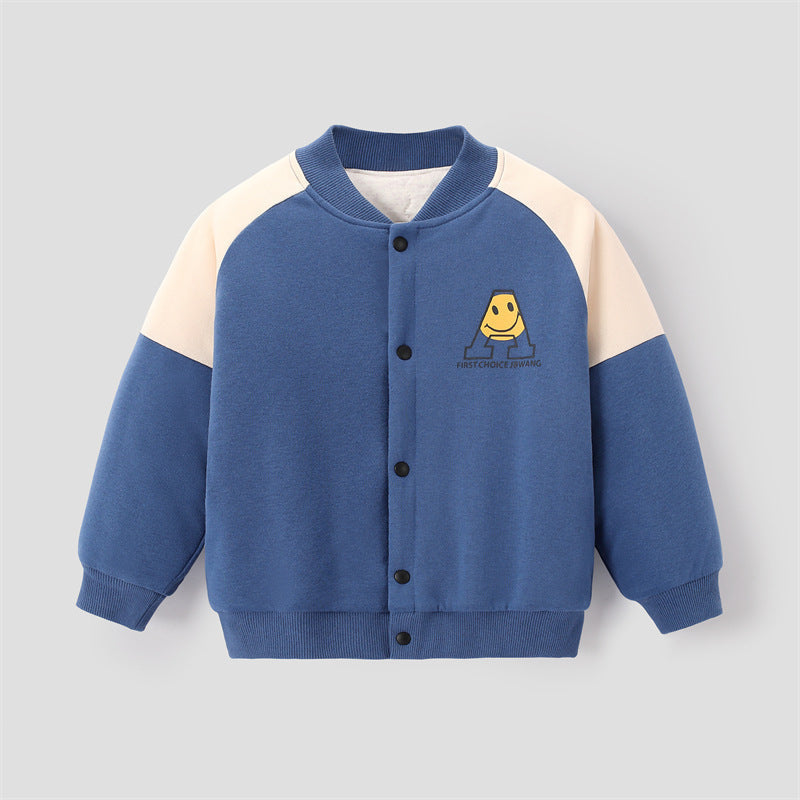 Kids cotton jacket with blue body, cream sleeves, snap front, and character patch on chest