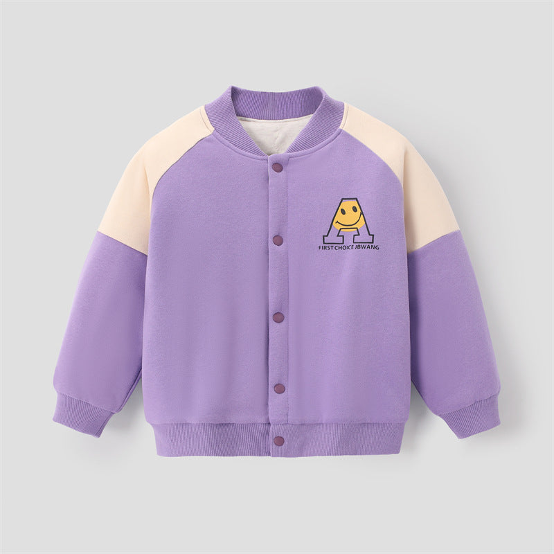 Kids purple and cream cotton jacket with button front and yellow character patch