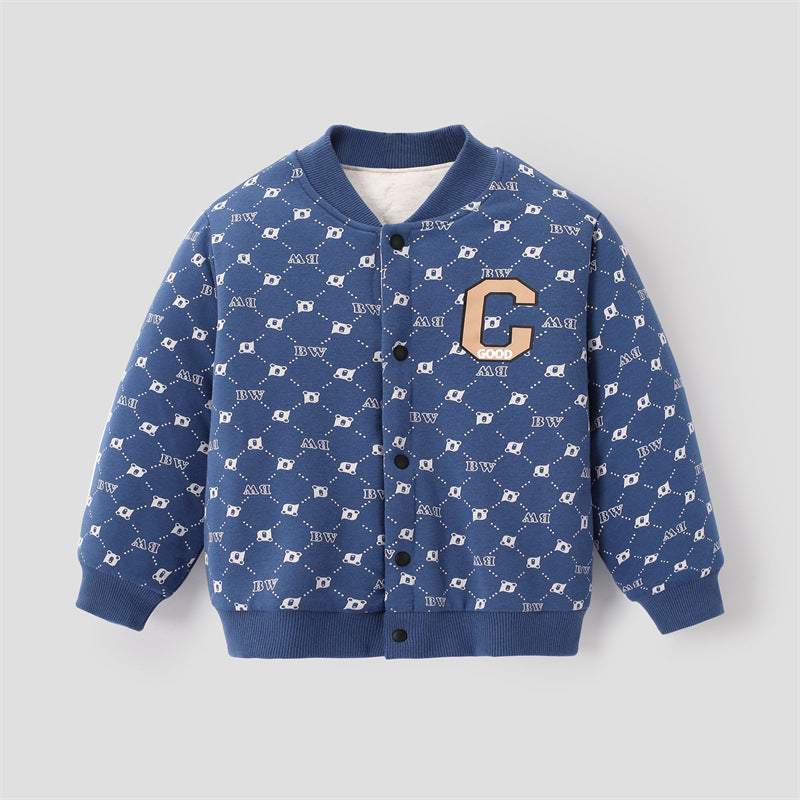 Kids cotton jacket, navy with allover graphic print, button front, ribbed collar and cuffs