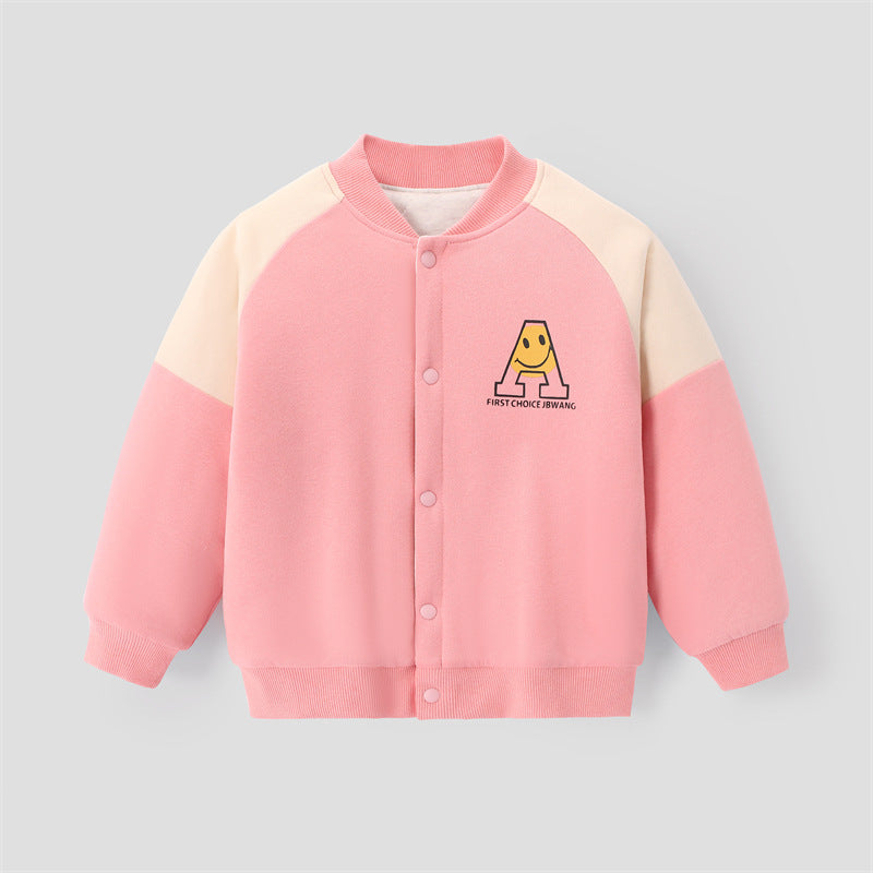 Pink kids cotton jacket with cream shoulder panels, button front, ribbed cuffs, and yellow character patch.