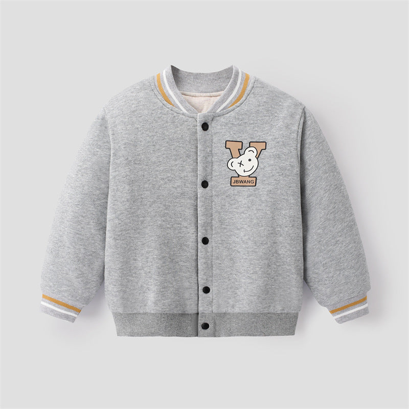 Kids' gray cotton snap-front jacket with bear patch and striped ribbed cuffs