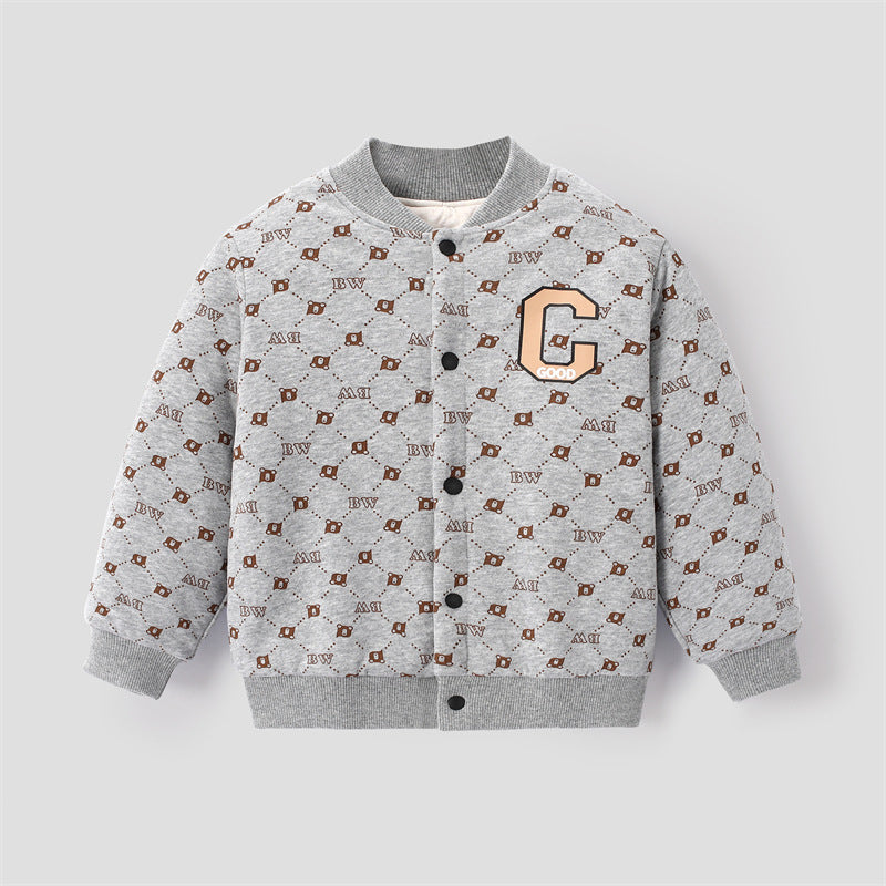 Kids cotton jacket in heather gray with allover print, snap front, and letter G patch