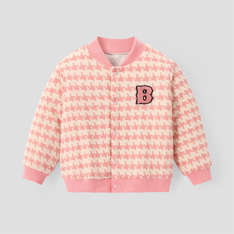 Kids pink houndstooth cotton jacket with button front and number B patch