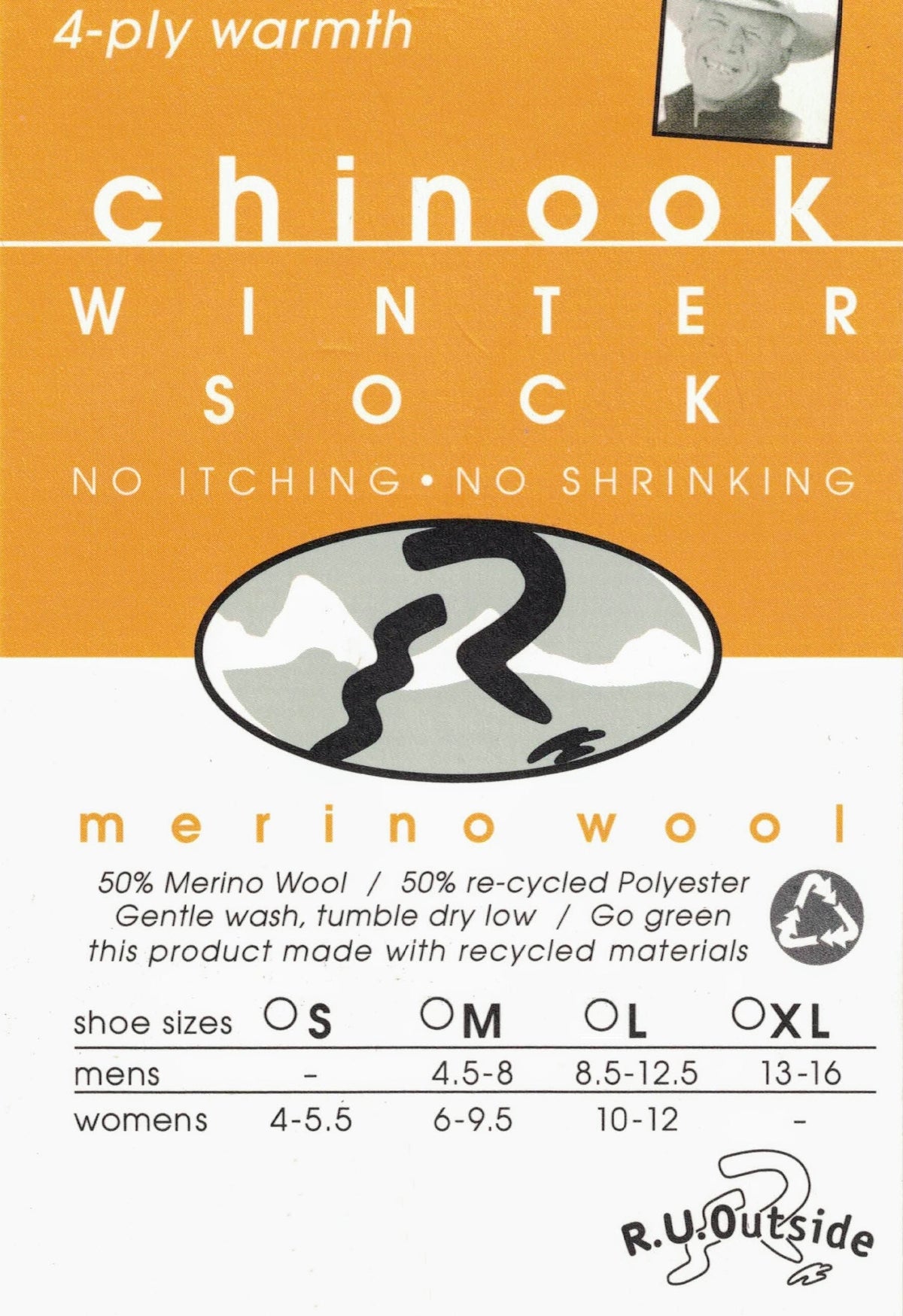 Winter sock packaging with 4-ply warmth and sizing chart on orange box