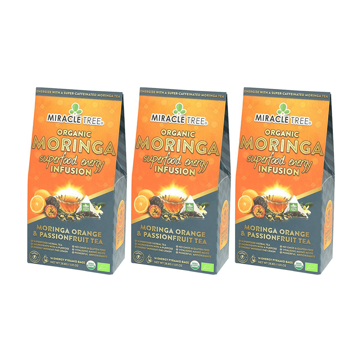 Set of three organic moringa energy tea boxes with orange passionfruit flavor
