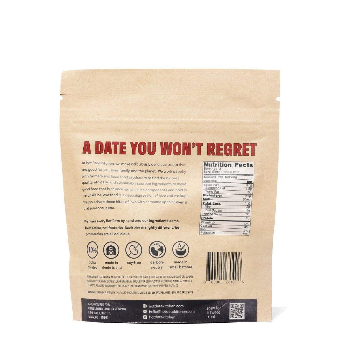 Back of kraft food pouch with nutrition facts, icons, and barcode