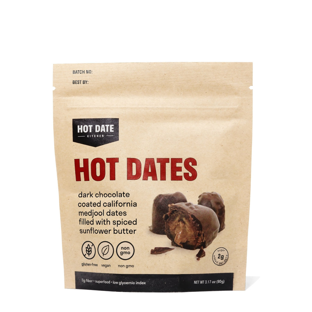 Hot dates pouch of dark chocolate stuffed dates in kraft paper packaging
